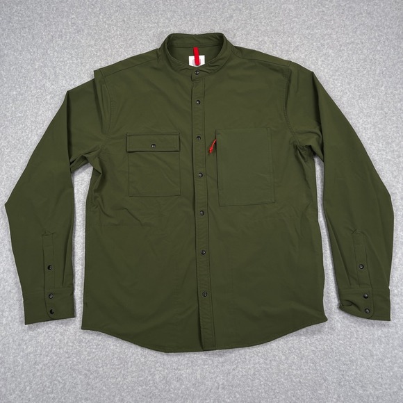 Topo Designs Tech Shirt Mens Large Green Snap Up Front Nylon Blend Gorpcore - Picture 2 of 12